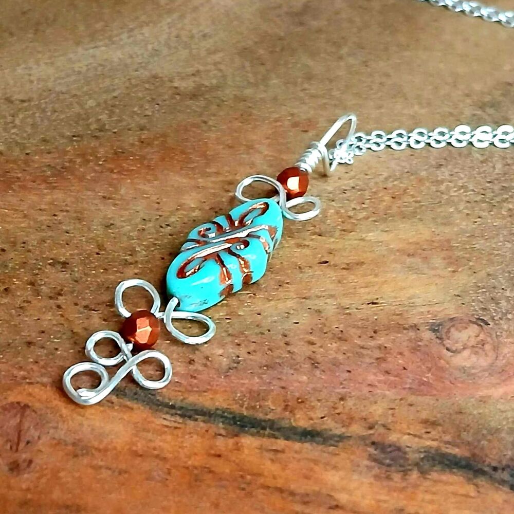 Czech Glass Beaded Pendant Necklace, Turquoise Silver Copper, Boho Statement